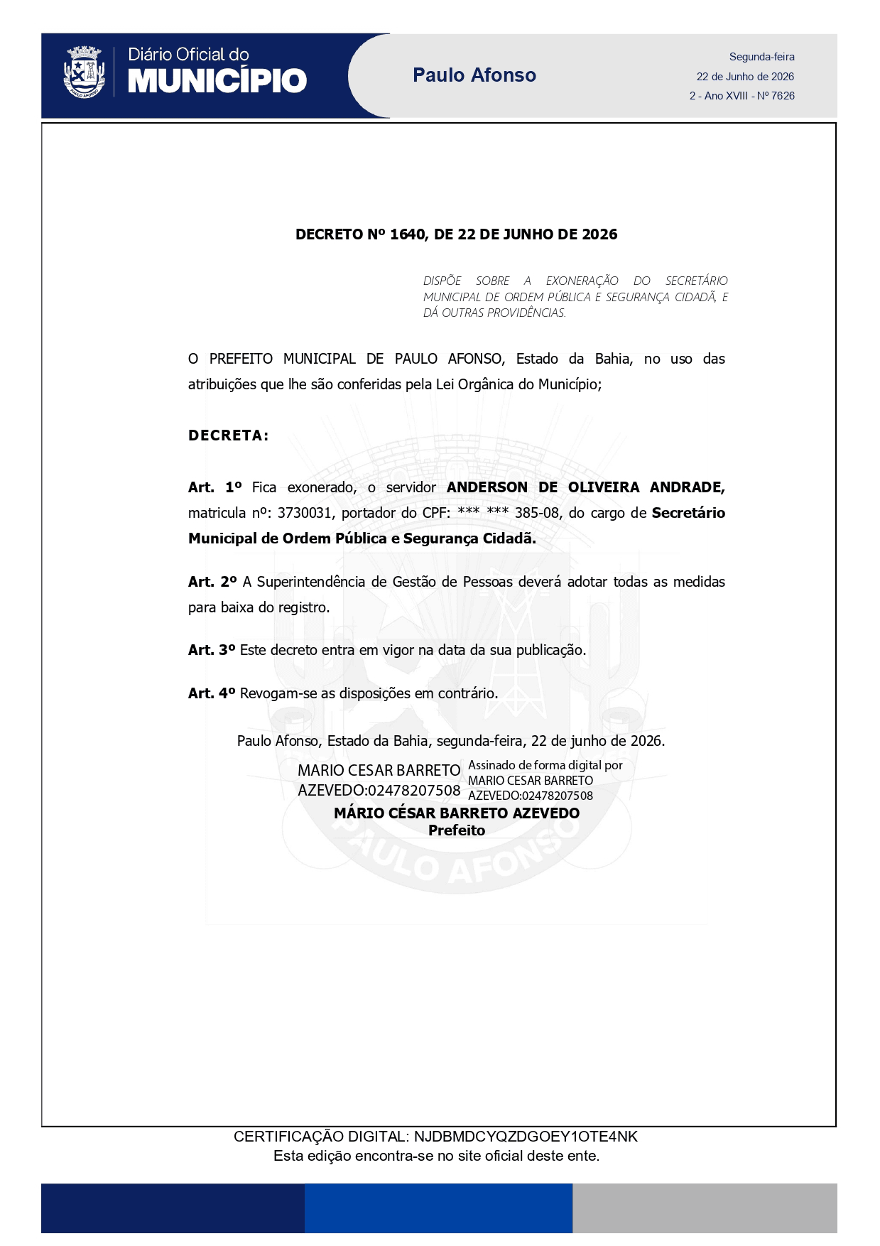 Imagem: Diário Oficial 