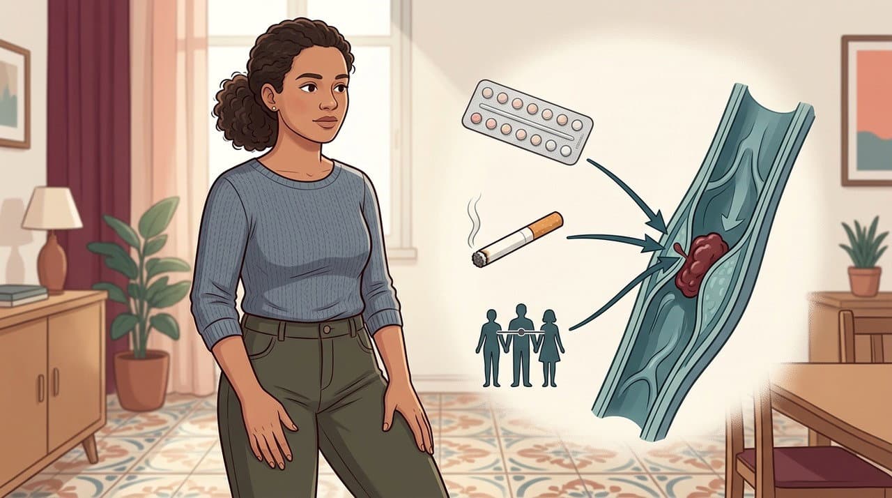 Mulher segurando cartela de anticoncepcional e cigarro, ilustrando fatores de risco de trombose