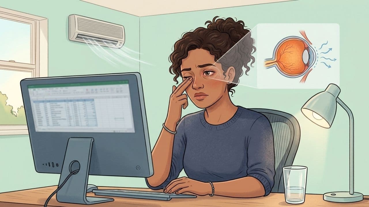 Pessoa com os olhos fechados e expressão de cansaço na frente de um computador