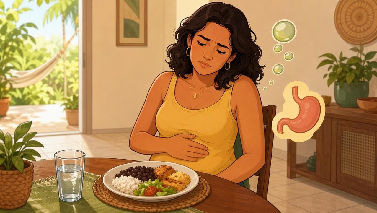 Pessoa com as mãos sobre o abdômen, representando desconforto e inchaço abdominal
