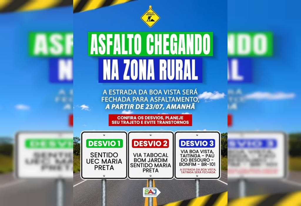 Estrada de terra na zona rural de Santo Antônio de Jesus, Bahia, com sinalização de obras
