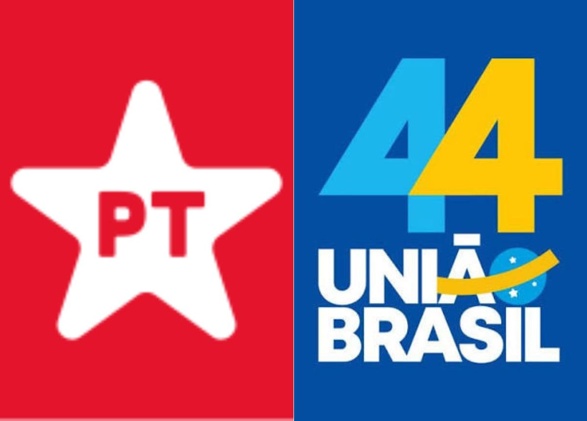 Urnas eleitorais e bandeiras de partidos políticos brasileiros