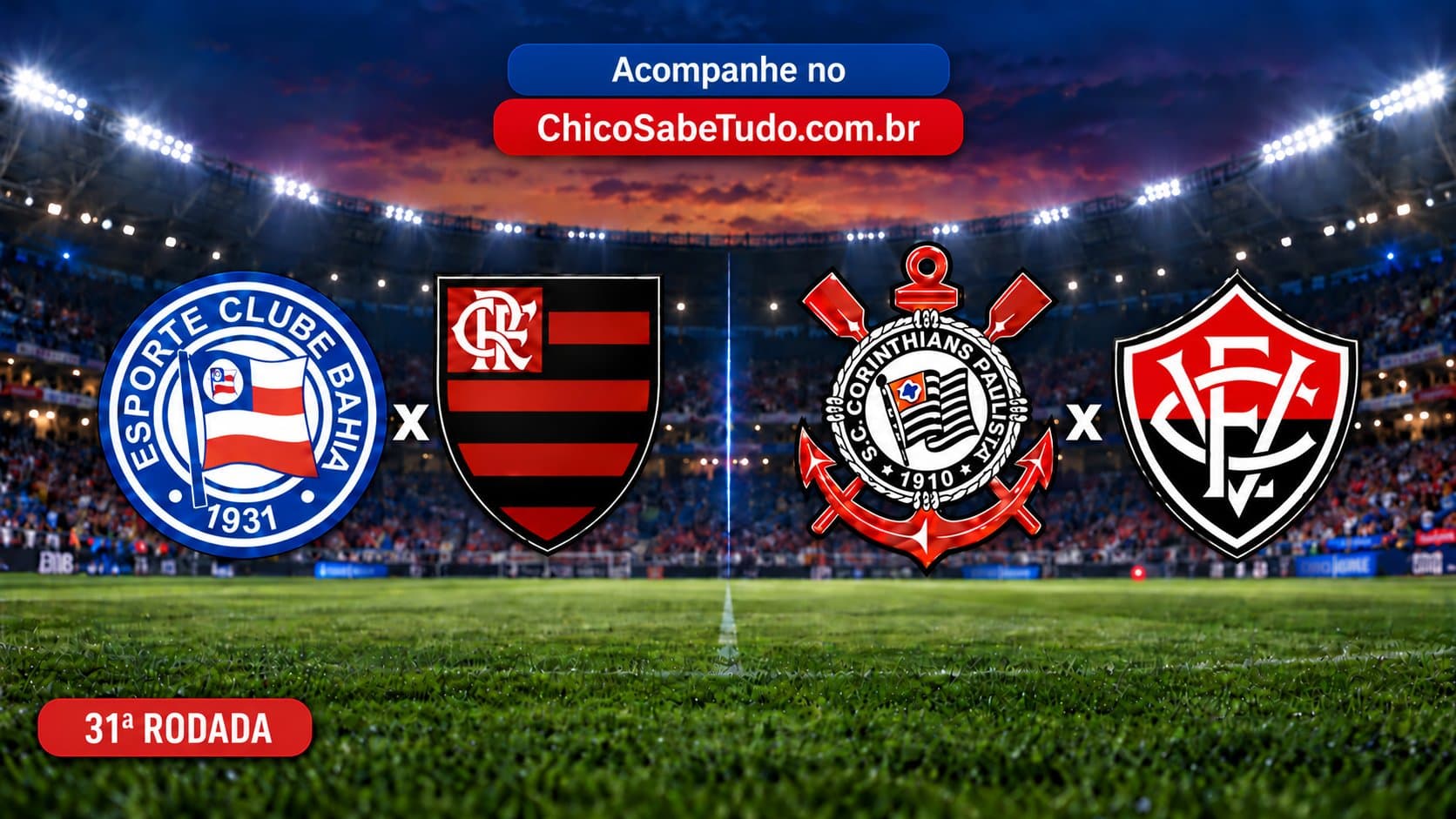 Ilustração: Portal ChicoSabeTudo, criada com auxílio de IA. Bahia x Flamengo e Corinthians x Vitória pela 31ª rodada do Brasileirão.