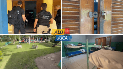 Policiais durante a Operação Terra Santa em clínica de reabilitação em Candeias, Bahia