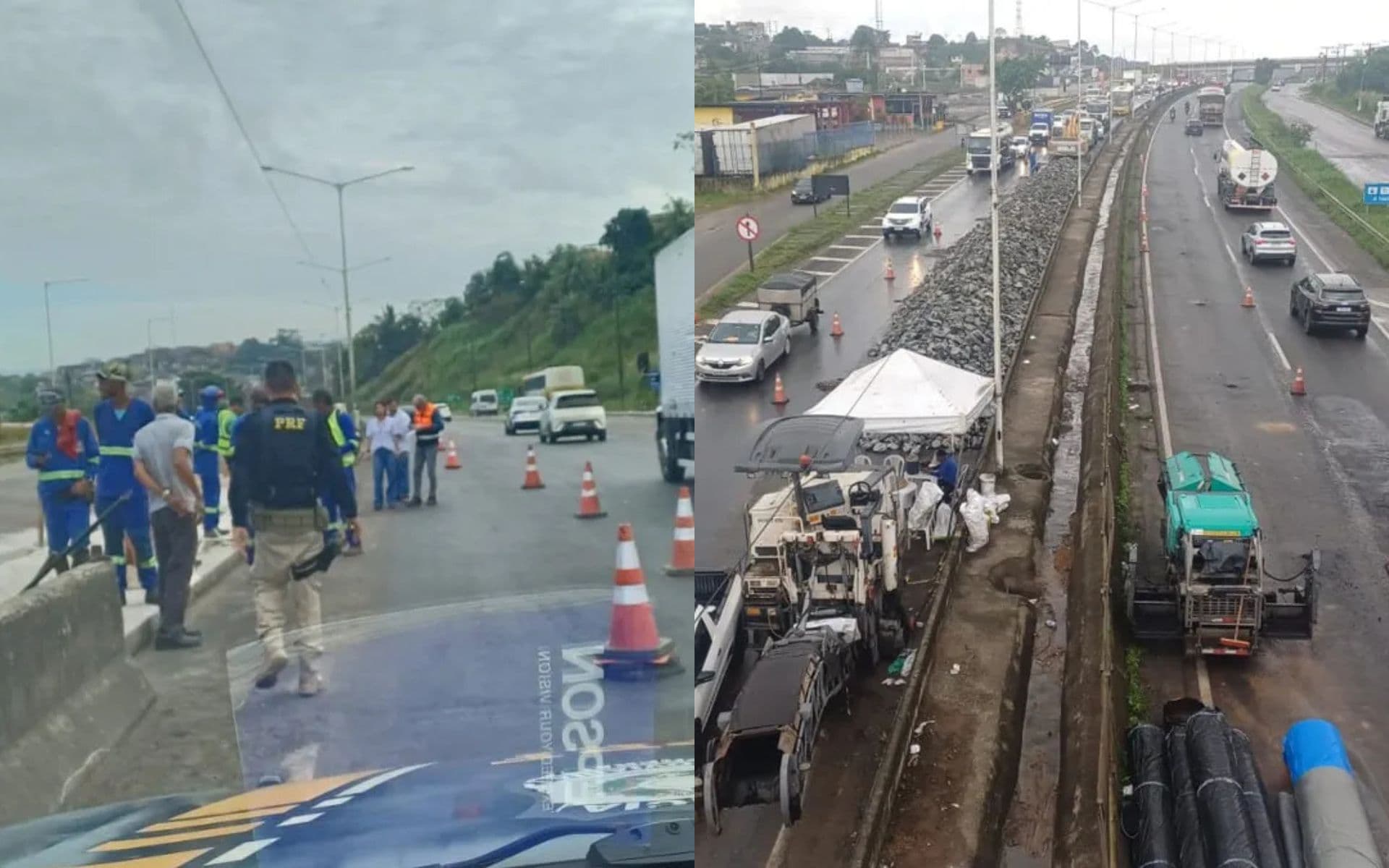 Trecho do km 604 da BR-324 em Simões Filho interditado por cratera no pavimento
