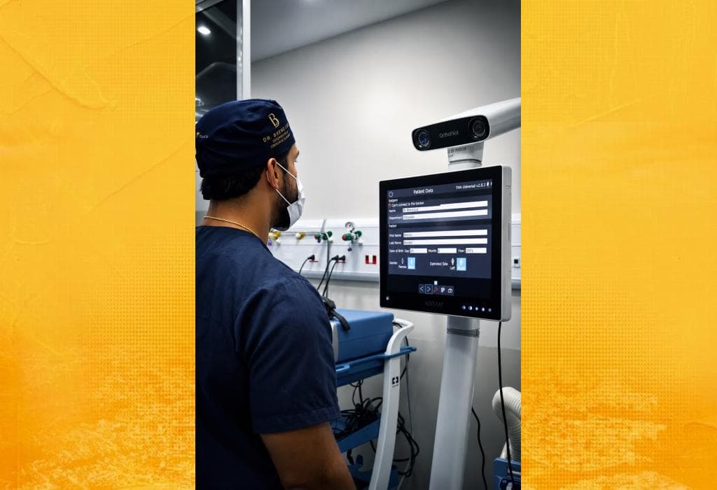 Centro cirúrgico com equipamentos de navegação computadorizada para cirurgia ortopédica de quadril