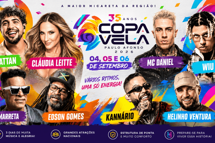 Palco da Copa Vela em Paulo Afonso, Bahia, com multidão de foliões na Avenida Apolônio Sales