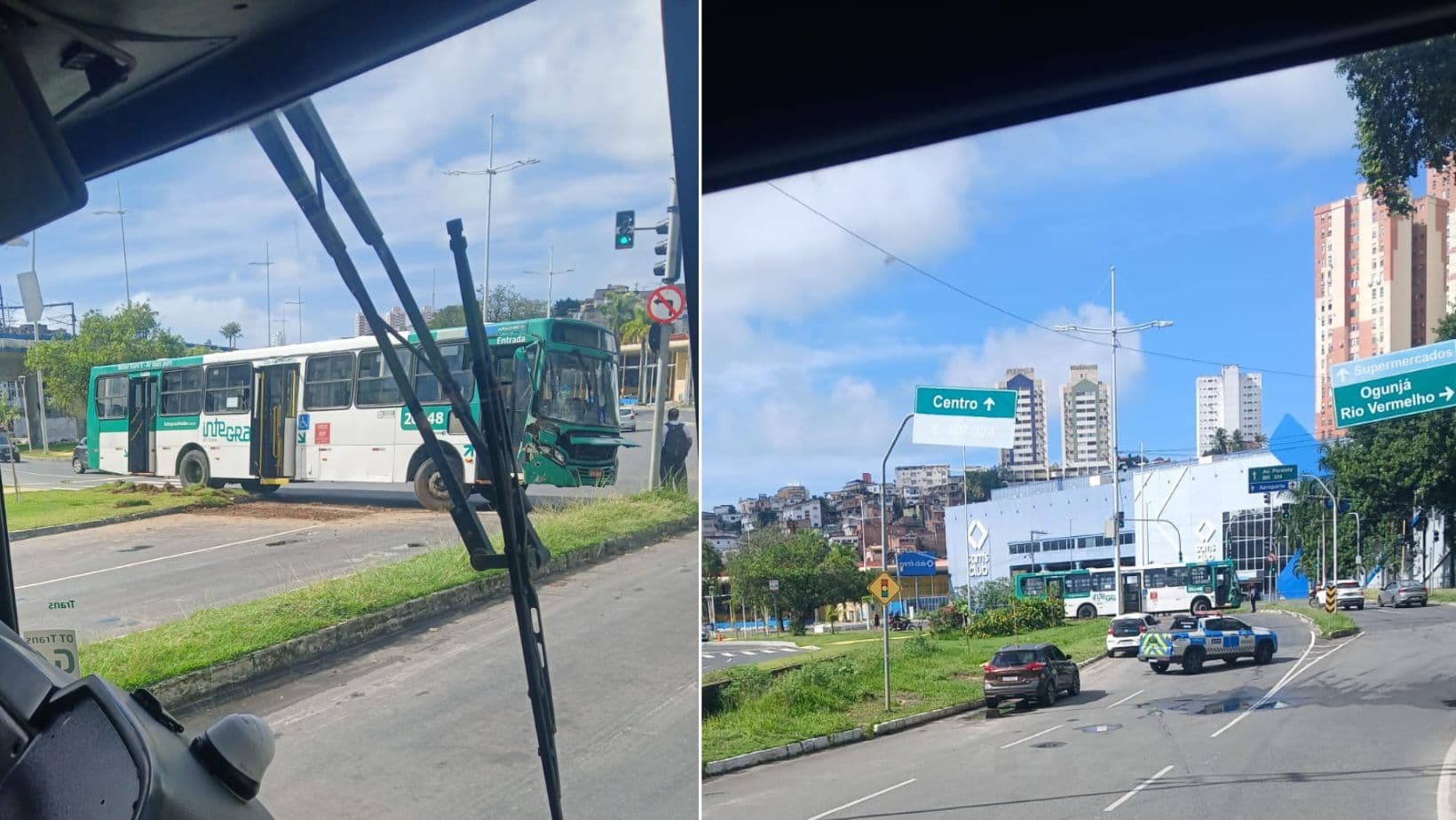 Ônibus com para-brisa destruído após colisão frontal na Avenida Bonocô, em Salvador