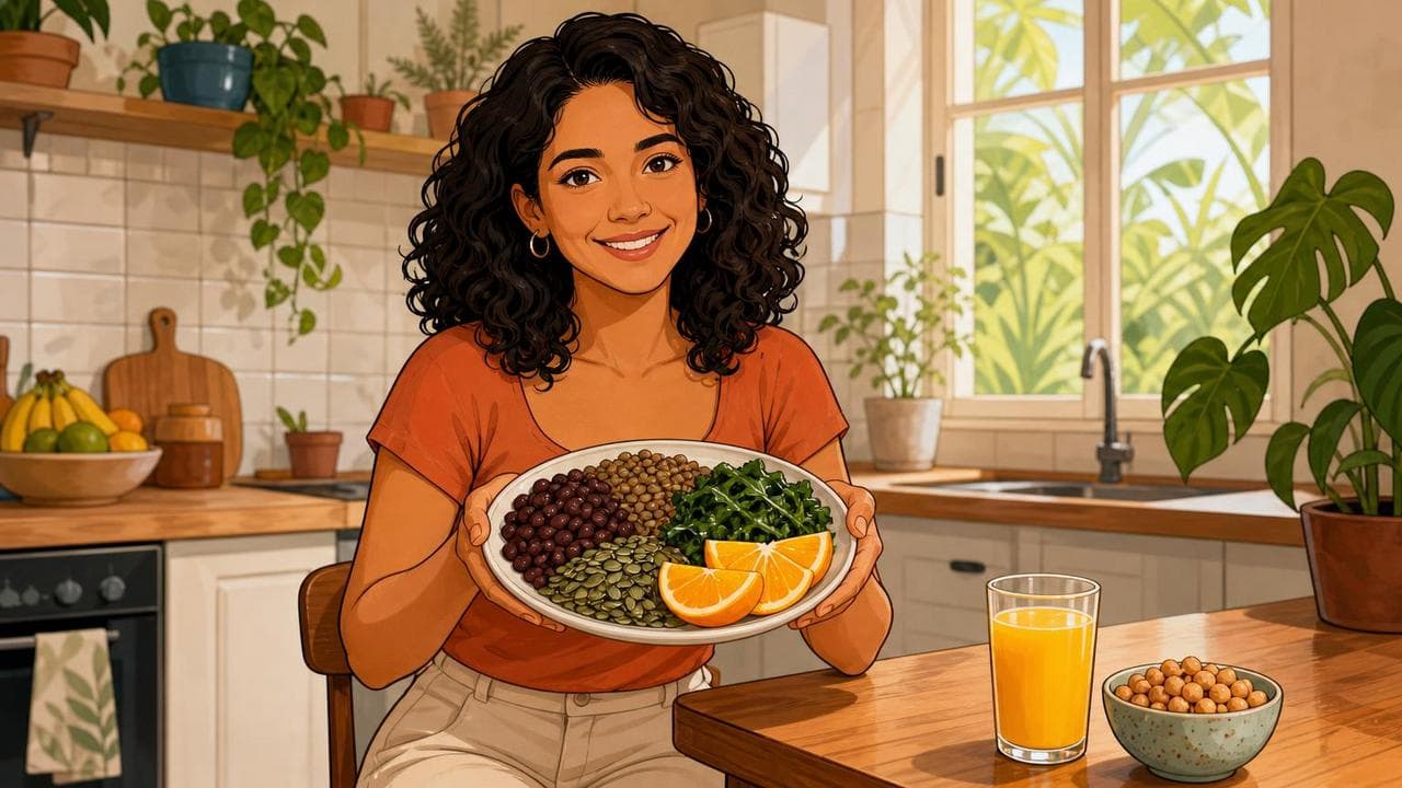 Alimentos ricos em ferro como carne vermelha, feijão, lentilha e vegetais escuros em uma mesa