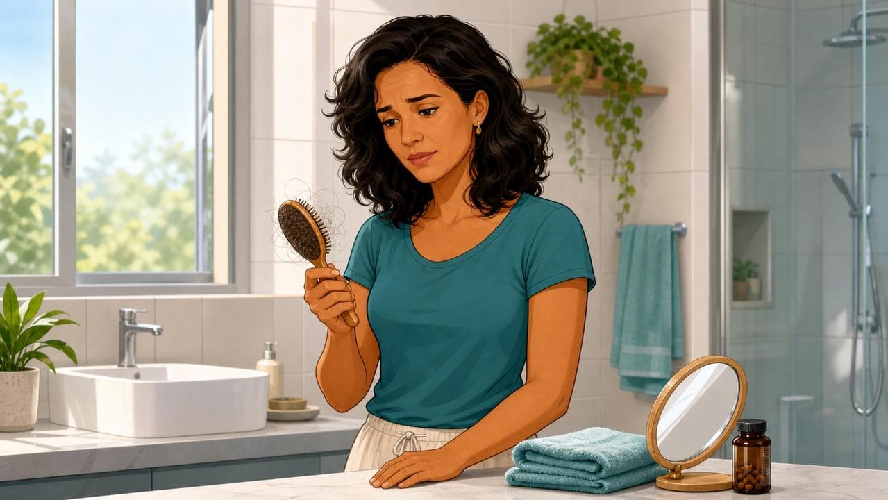 Mulher observando unha quebradiça e fios de cabelo caídos na mão