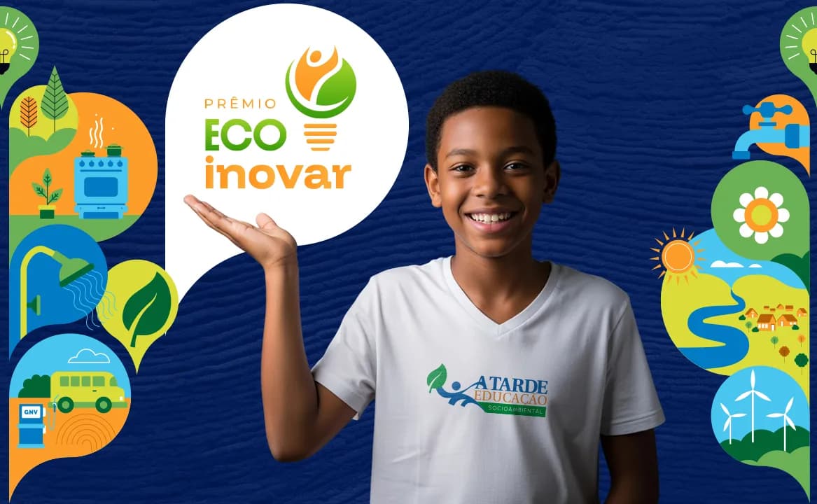 Identidade visual do Prêmio EcoInovar 2026, iniciativa do Grupo A TARDE voltada a estudantes e professores da rede pública da Bahia
