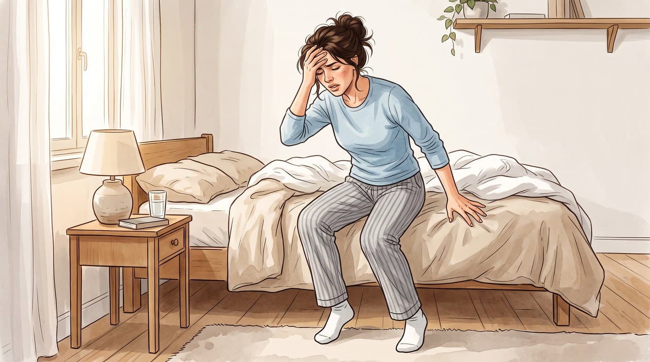 Pessoa se levantando da cama com expressão de tontura, segurando a cabeça