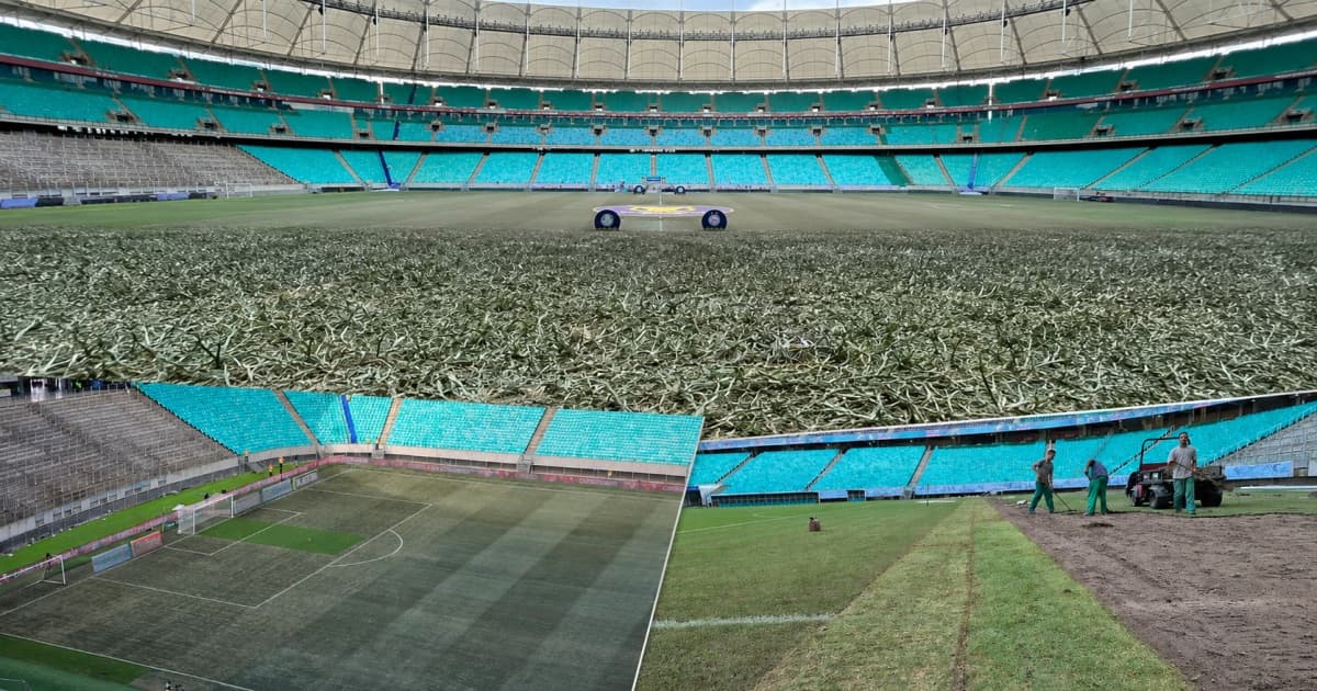 Vista aérea da Arena Fonte Nova em Salvador durante um show com palco montado no gramado