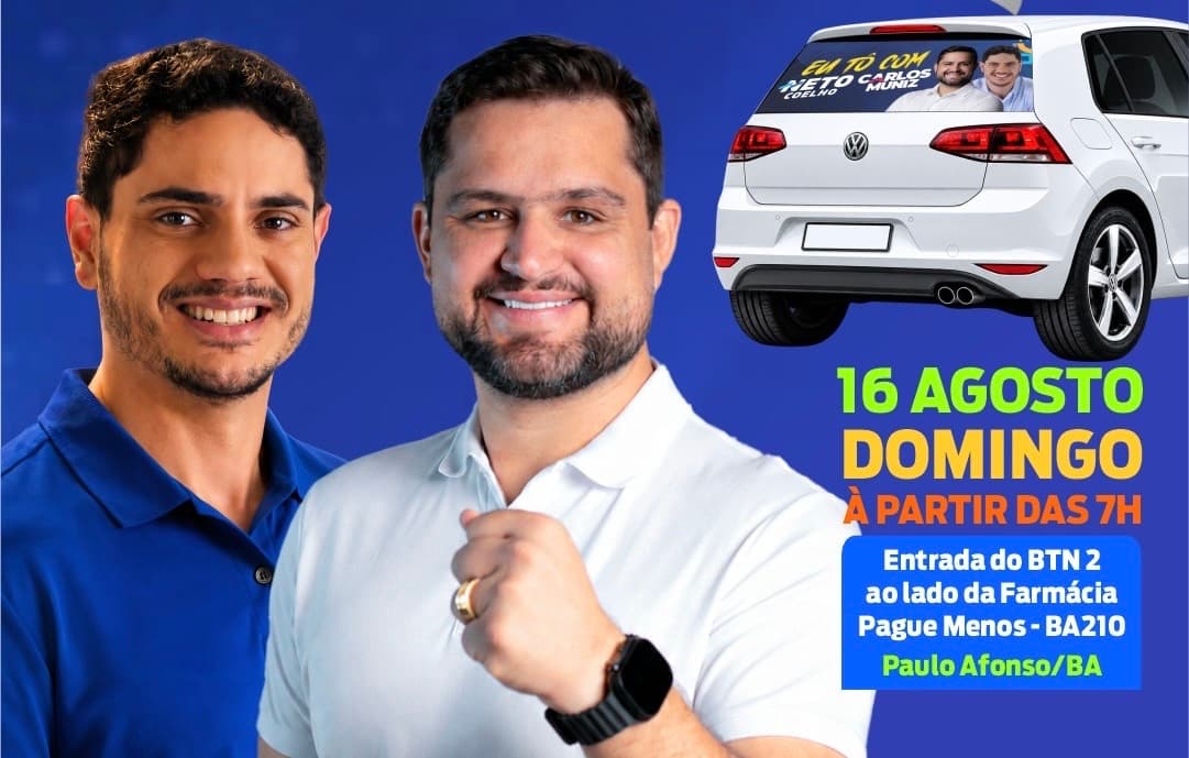 Apoiadores reunidos em ato de campanha política com bandeiras e carros de som no Bairro Tancredo Neves, Paulo Afonso