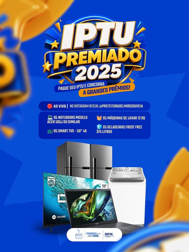 Sorteio do IPTU Premiado 2025 em Delmiro Gouveia, Alagoas, com prêmios expostos como geladeiras, smart TVs, notebooks e máquinas de lavar