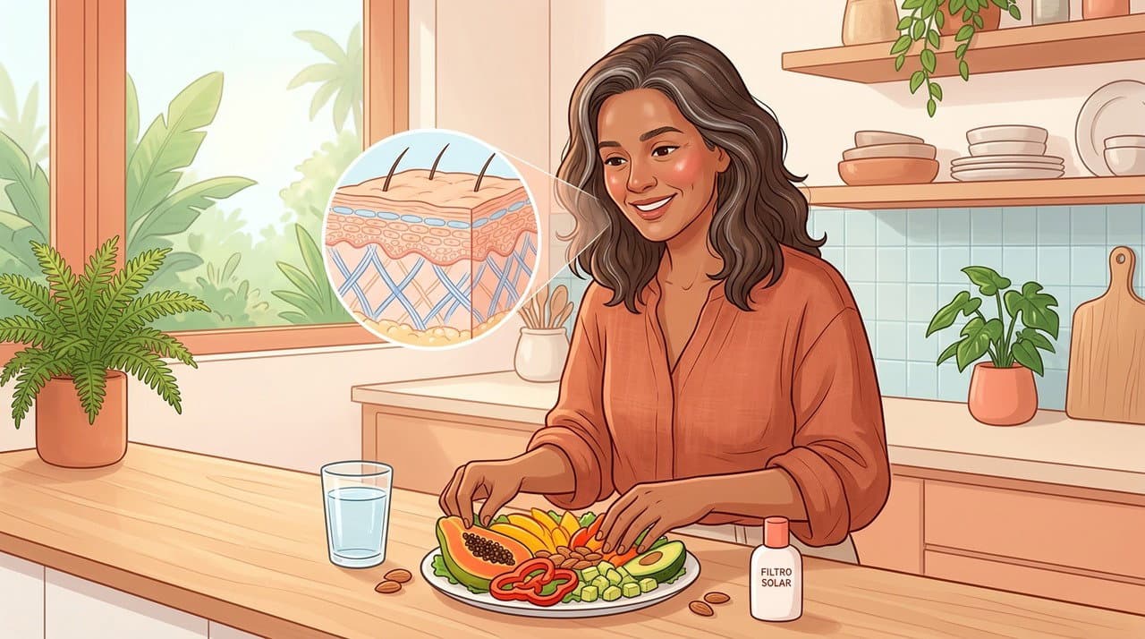 Frutas cítricas e alimentos ricos em vitamina C e E para saúde da pele