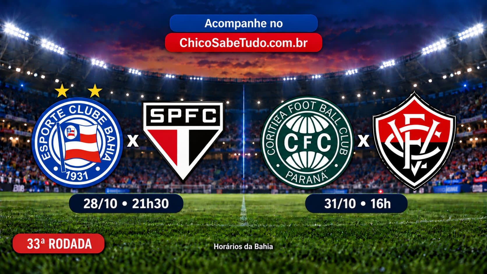 Ilustração: Portal ChicoSabeTudo, criada com auxílio de IA. Bahia x São Paulo (28/10, 21h30) e Coritiba x Vitória (31/10, 16h), pela 33ª rodada do Brasileirão. Horários da Bahia.