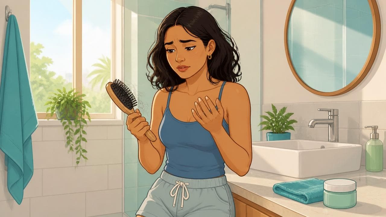 Mulher observando fios de cabelo caídos na mão, sinal associado a problemas de tireoide