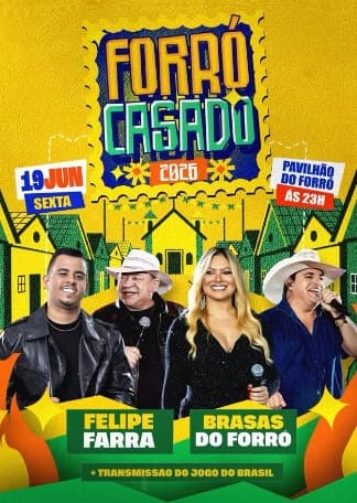 Pavilhão do Forrócasado com bandeiras de São João e telão para jogo do Brasil