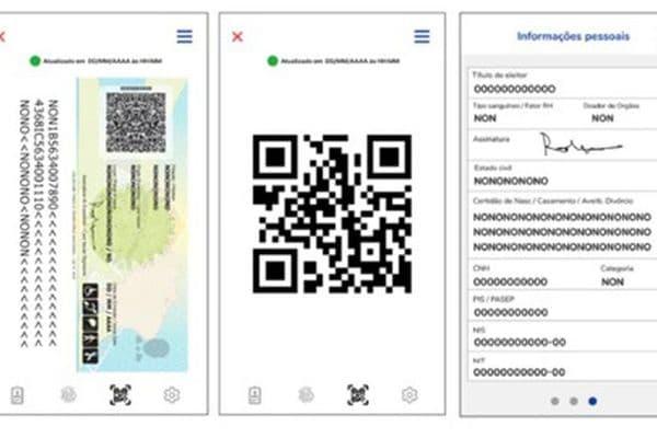 Mão segurando celular com aplicativo GOV.BR aberto na tela, exibindo a Carteira de Identidade Nacional digital