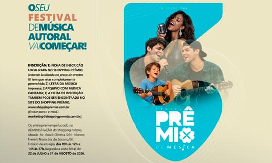 Palco de concurso musical em shopping center com público ao fundo