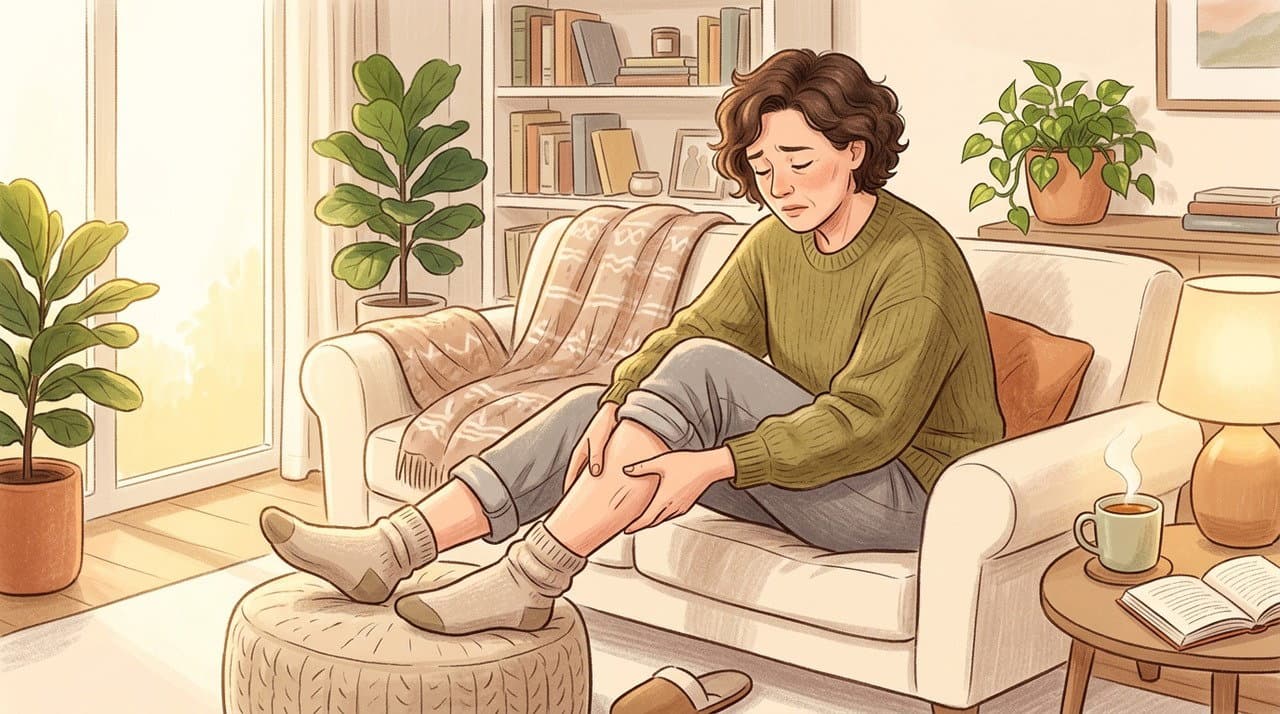 Pessoa com as pernas cansadas e inchadas ao final do dia, sinal de problema circulatório nas veias