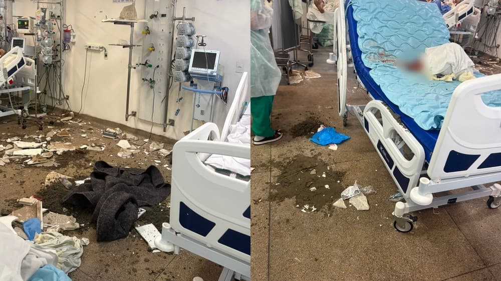 Sala de recuperação do Hospital da Restauração com forro do teto destruído e entulhos no chão