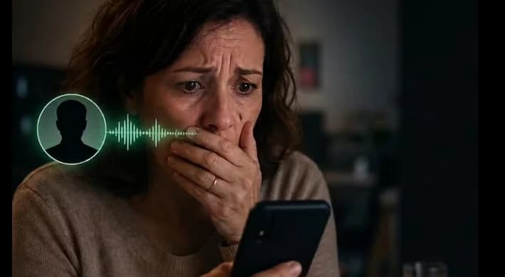 Pessoa idosa ao telefone com expressão de preocupação, segurando celular