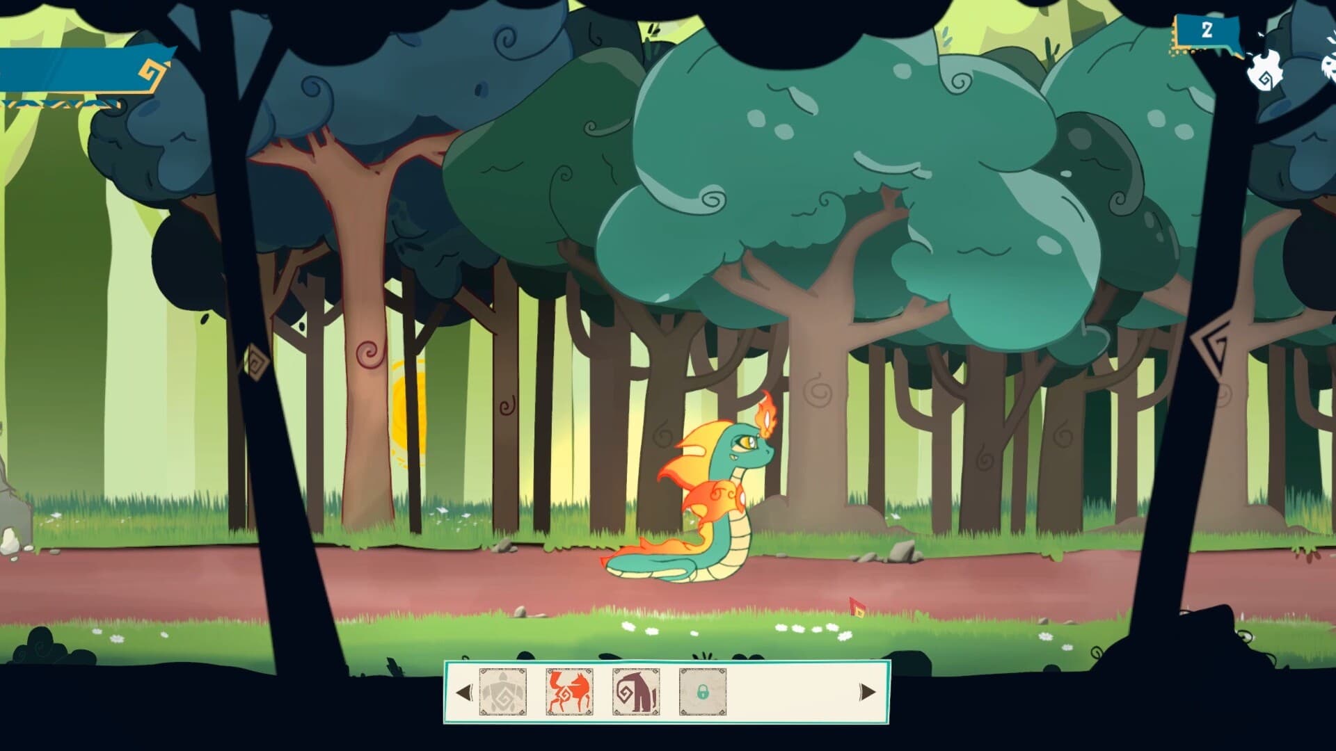 Captura de tela do jogo Boitatá Wilderness Reborn, mostrando a floresta e o protagonista serpente de fogo