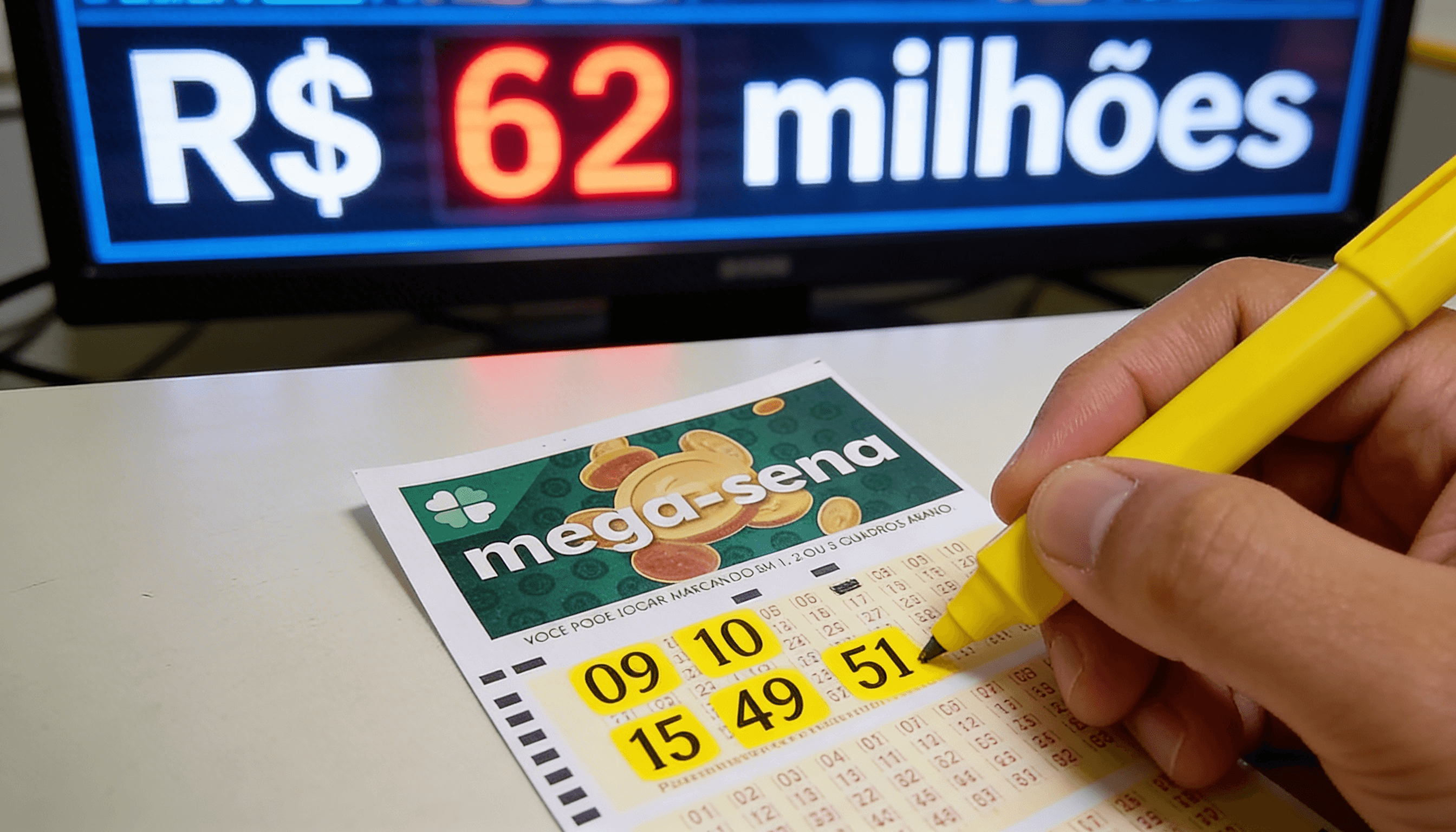 Mega-Sena concurso 2972 acumula e prêmio do próximo sorteio chega a R$ 62 milhões -(Imagem gerada por inteligência artificial-ChatGPT/Olhar Digital)