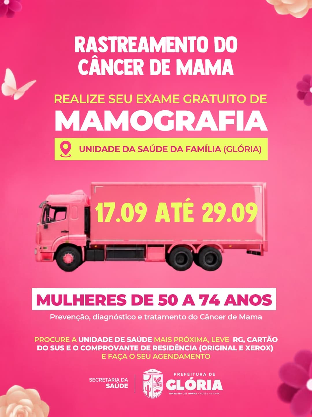 Carreta Saúde Mais Perto leva mamografia gratuita a mulheres de Glória em setembro