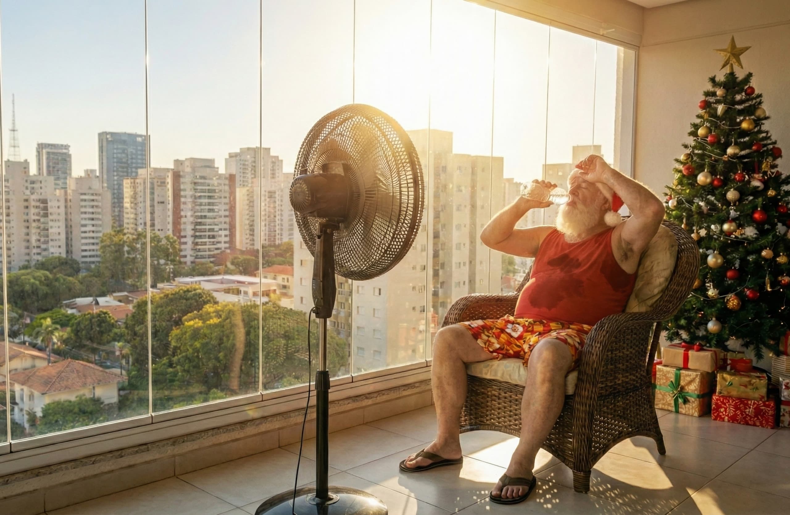 Calor intenso marca o dia de Natal em São Paulo, com termômetros podendo registrar a maior temperatura para dezembro em mais de 60 anos. Crédito: Imagem gerada por IA/Gemini