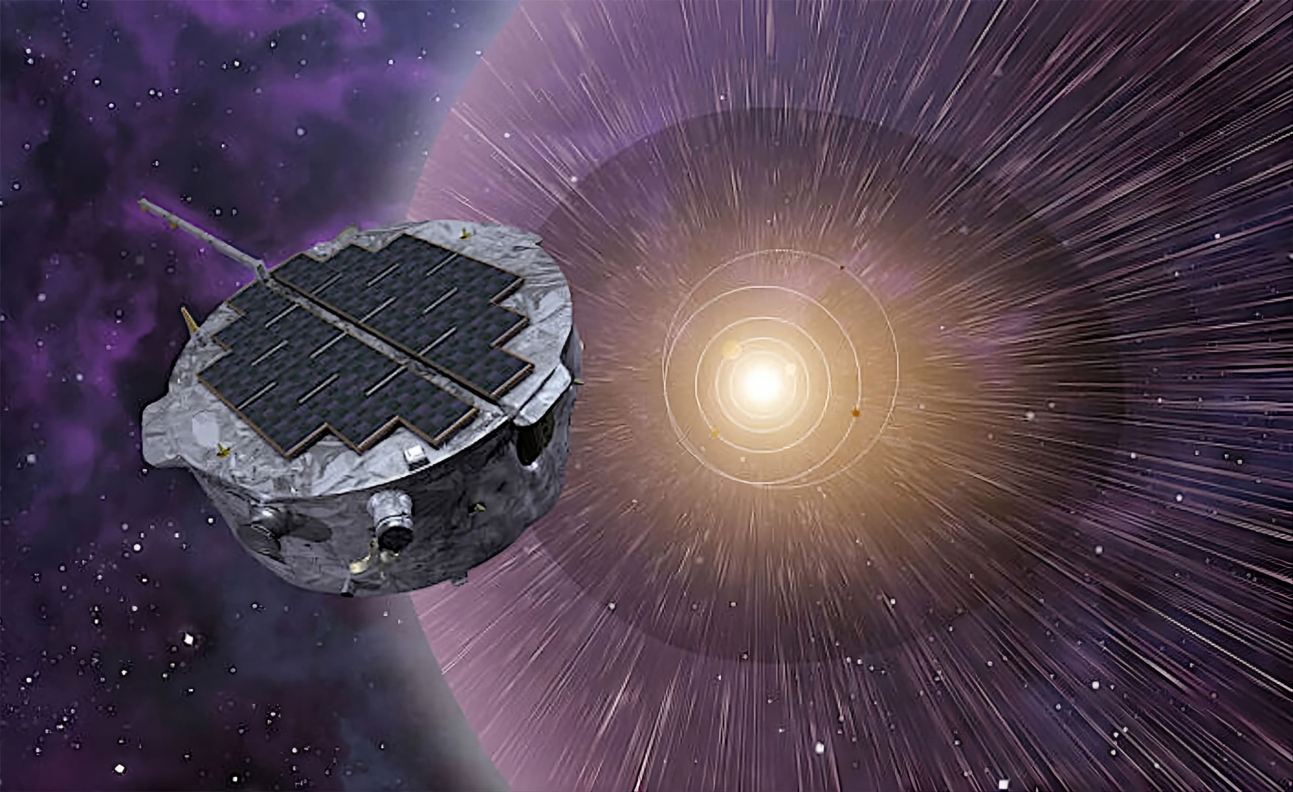 Representação artística da Sonda de Mapeamento e Aceleração Interestelar (IMAP), da NASA. Crédito: Universidade do Colorado-Boulder