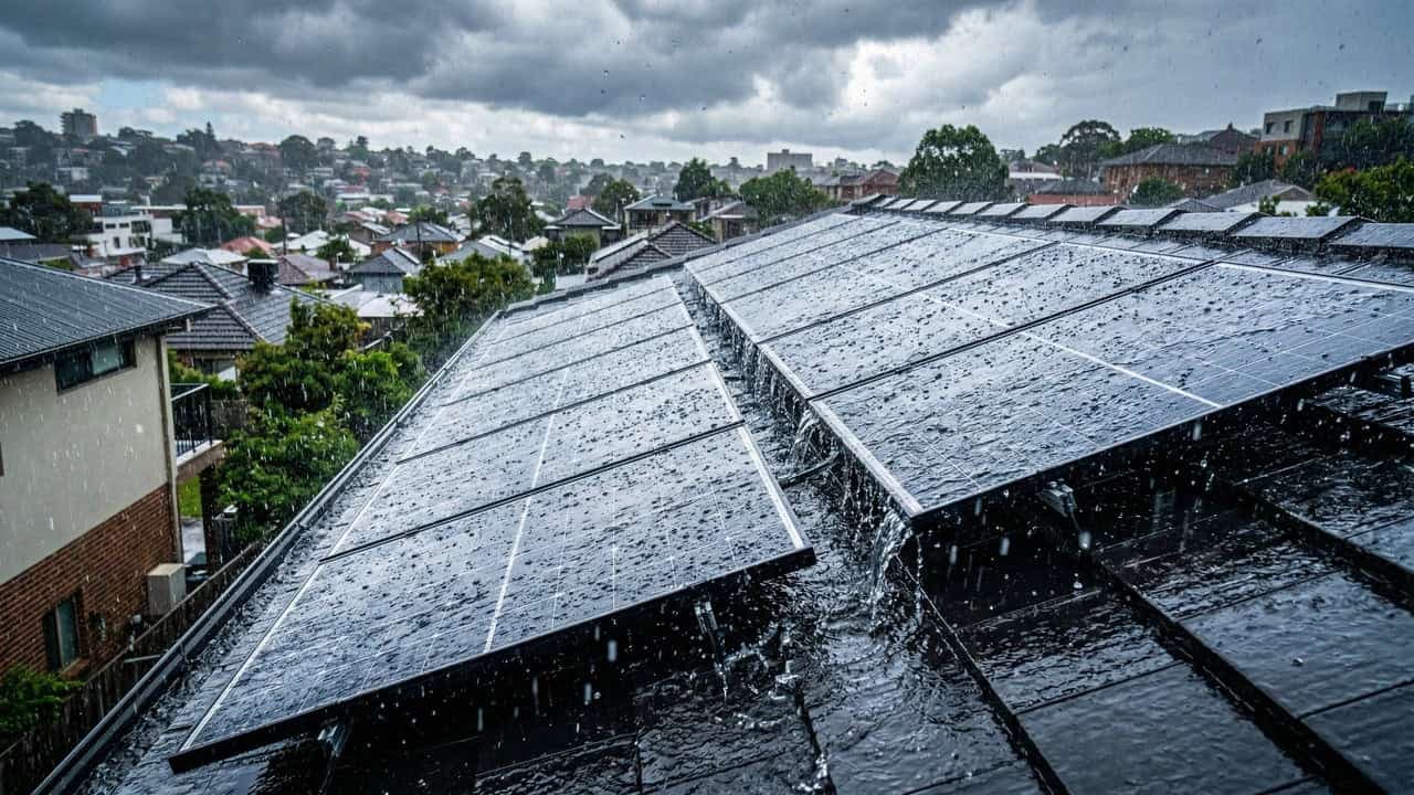 Novos painéis utilizam o impacto da chuva para gerar eletricidade constante. - Imagem criada por inteligência artificial (ChatGPT / Olhar Digital)