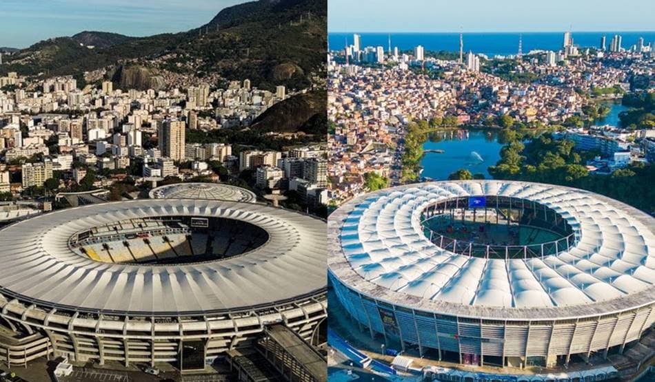 Maracanã e Fonte Nova são os dois estádios mais intimidadores do Brasil em 2026.
Crédito: montagem sobre fotos Alamy