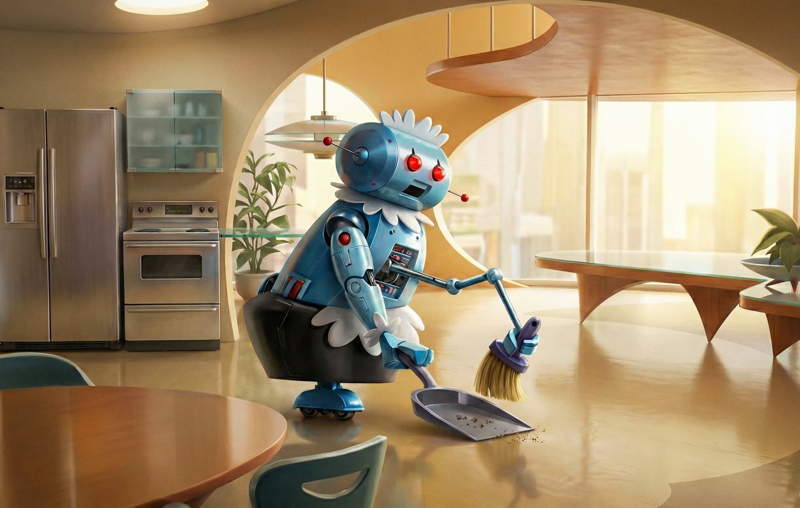 Representação artística da personagem Rosie, do desenho Os Jetsons (Hanna-Barbera), uma robô humanoide funcionária doméstica. Crédito: Imagem gerada por IA/Gemini