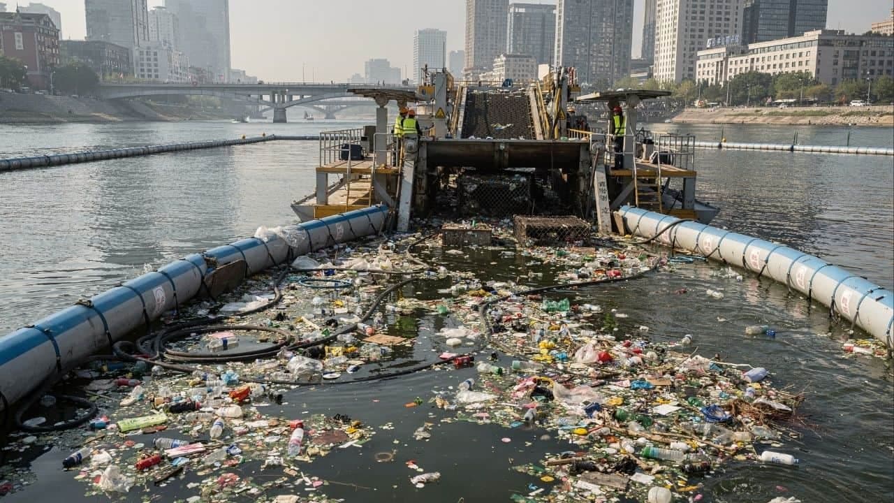 Aspirador gigante impede que plástico dos rios alcance oceanos - Imagem criada com inteligência artificial (ChatGPT / Olhar Digital)