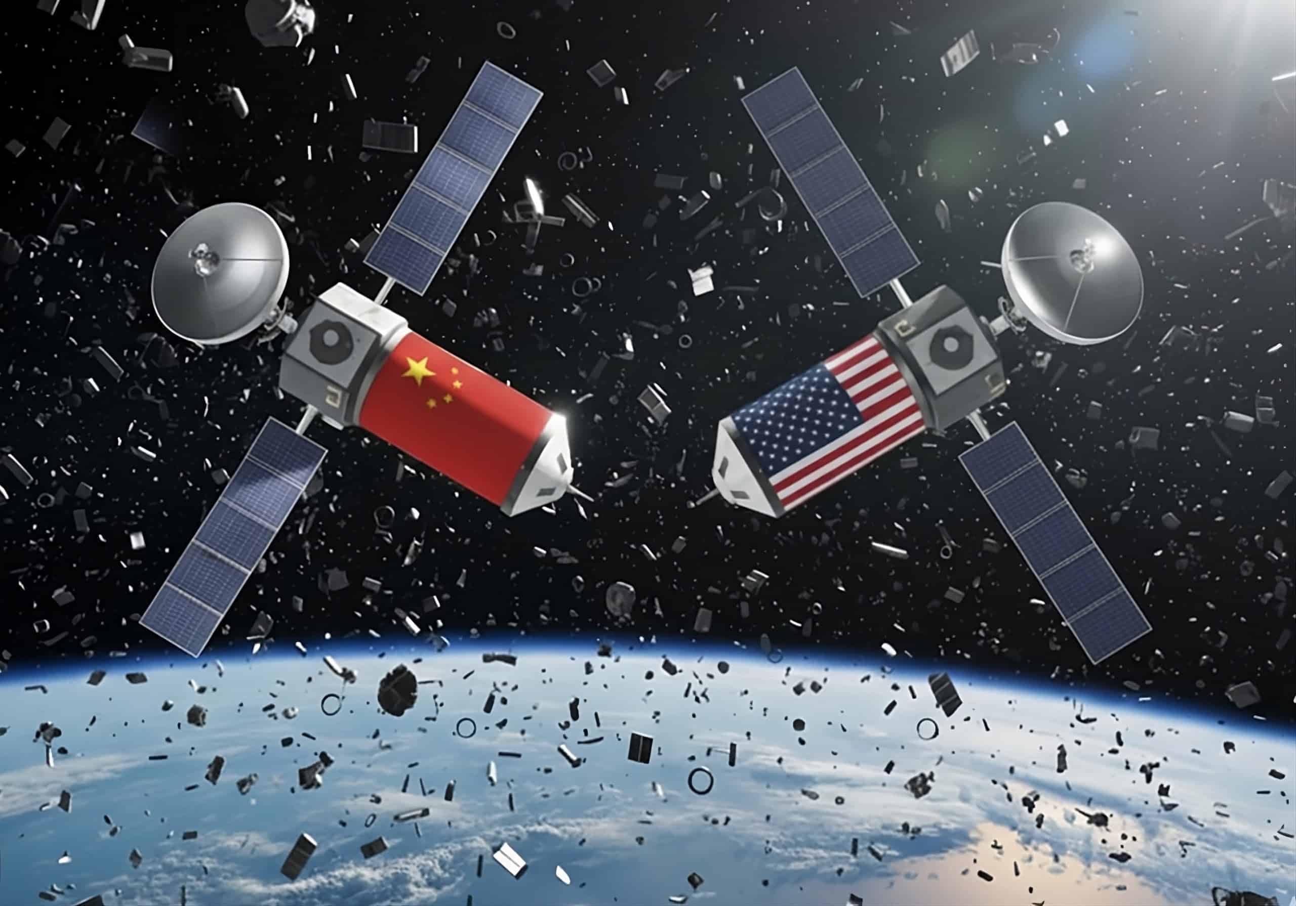 Representação artística de dois satélites representando o "combate aéreo" em órbita entre EUA e China. Crédito: Imagem gerada por IA/Gemini