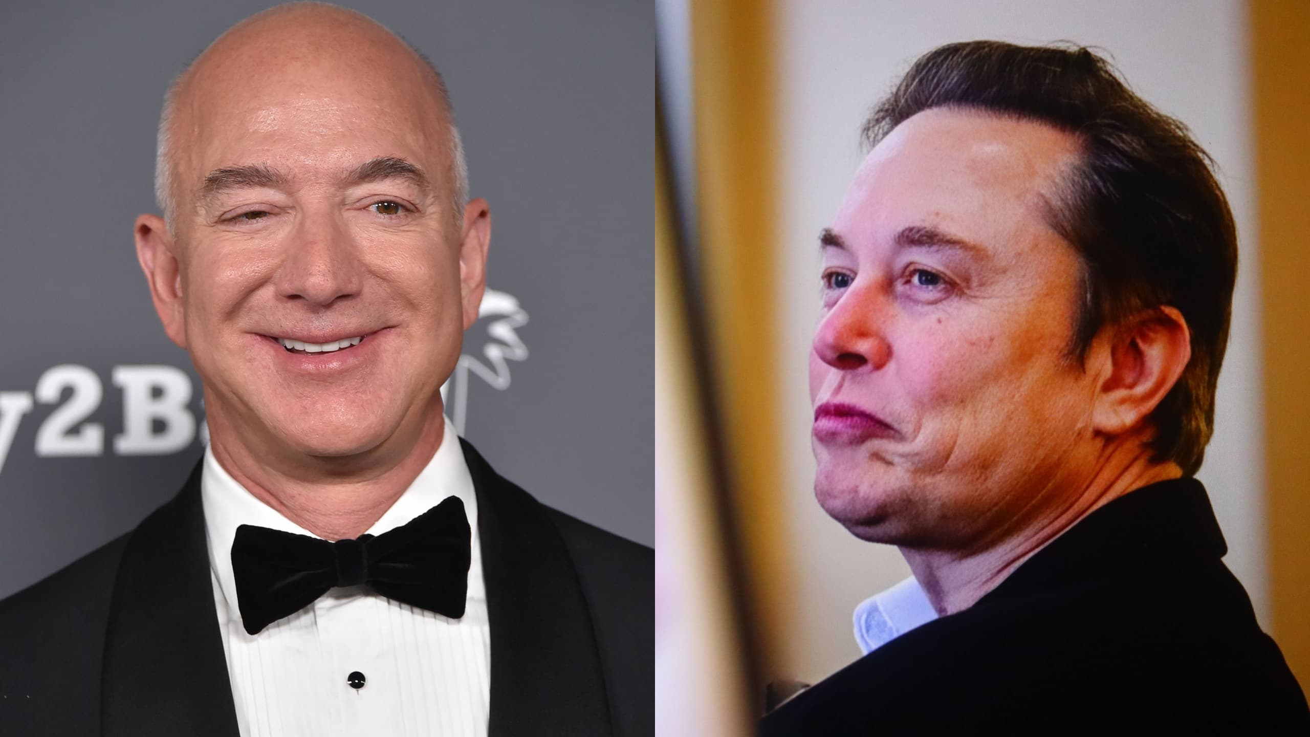 Jeff Bezos, dono da Blue Origin, e Elon Musk, dono da SpaceX (Imagem: DFree e Press Connect - Shutterstock)