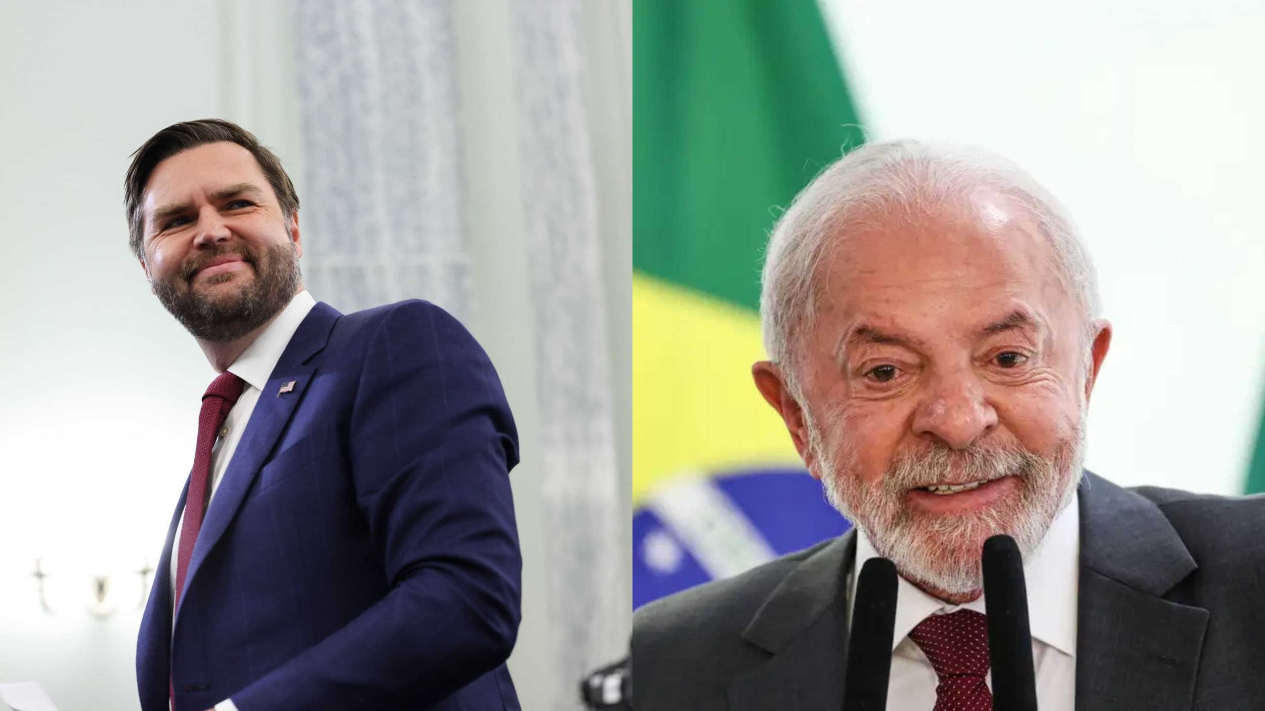 Da esquerda para a direita: vice-presidente dos EUA, J.D. Vance e presidente do Brasil, Lula (Imagem: Joshua Sukoff/Shutterstock e Marcelo Camargo/Agência Brasil)