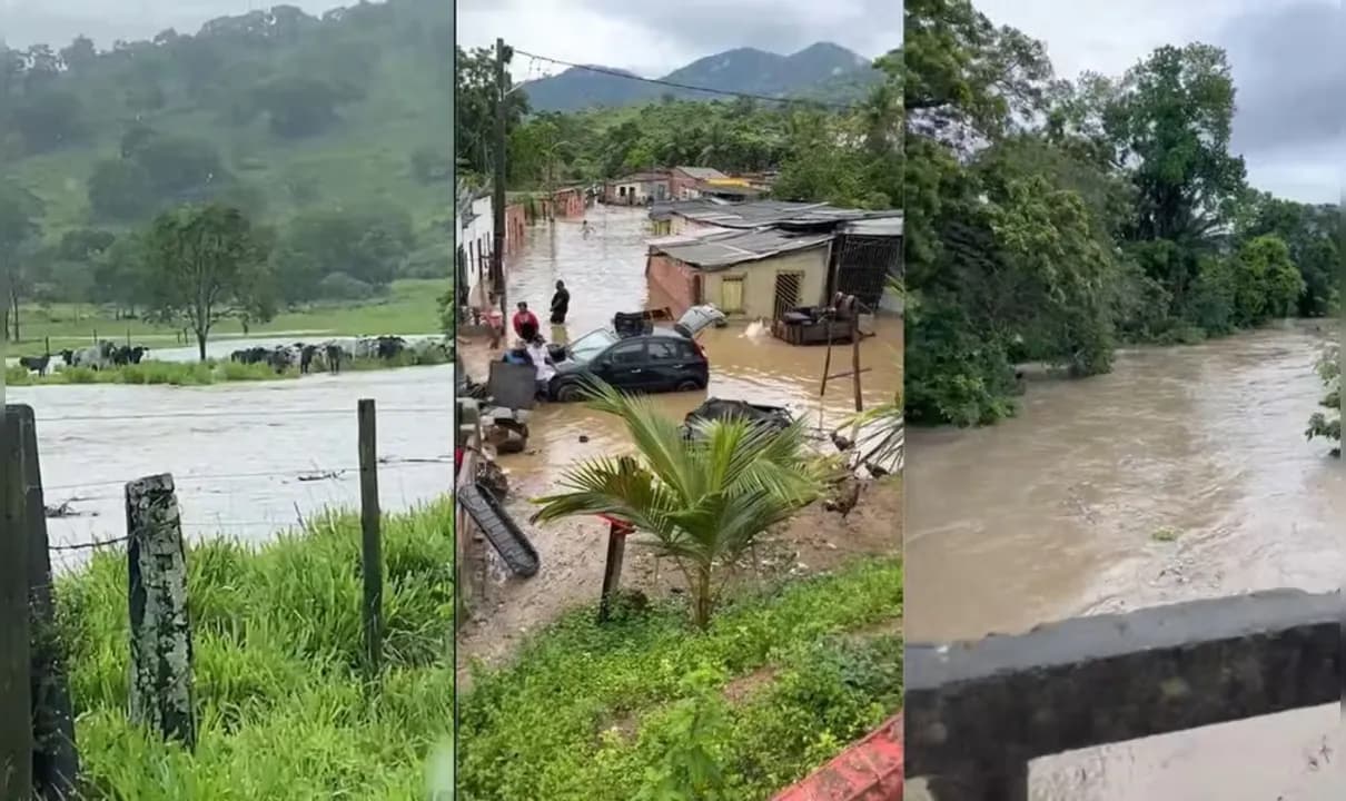 Nível rio subiu após chuva e cerca de 50 famílias foram obrigadas a deixar suas casas em cidade do sul da Bahia.