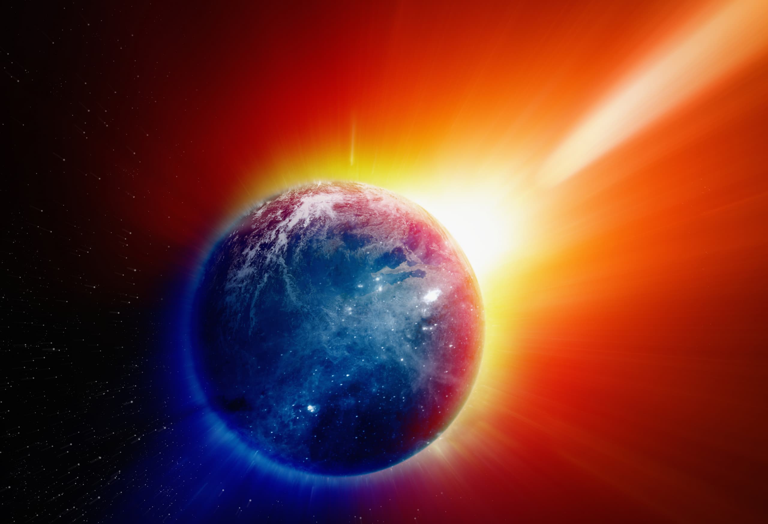 Imagem meramente ilustrativa representando uma tempestade solar, acompanhada de uma tempestade de radiação, atingindo a Terra. Crédito: IgorZh - Shutterstock