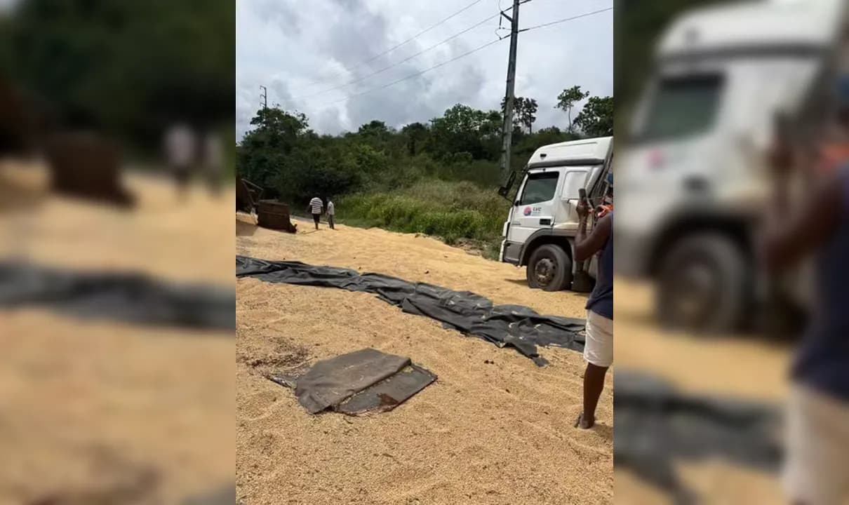 Carreta carregada com soja tombou e congestinou trânsito na BR-324.