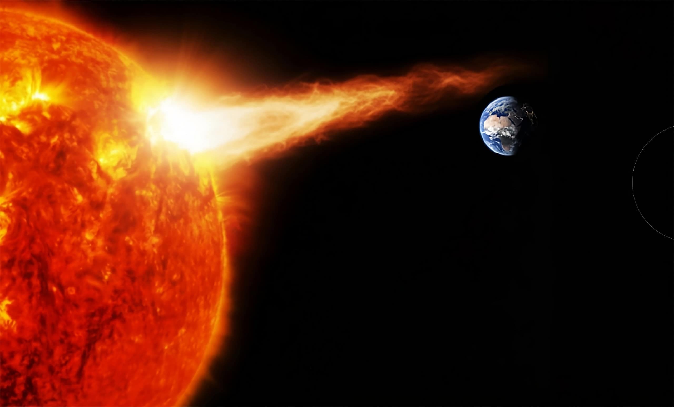 Representação artística o planeta Terra sendo atingido "de raspão" por um "supertiro" de plasma do Sol. Crédito: Imagem gerada por IA/Gemini