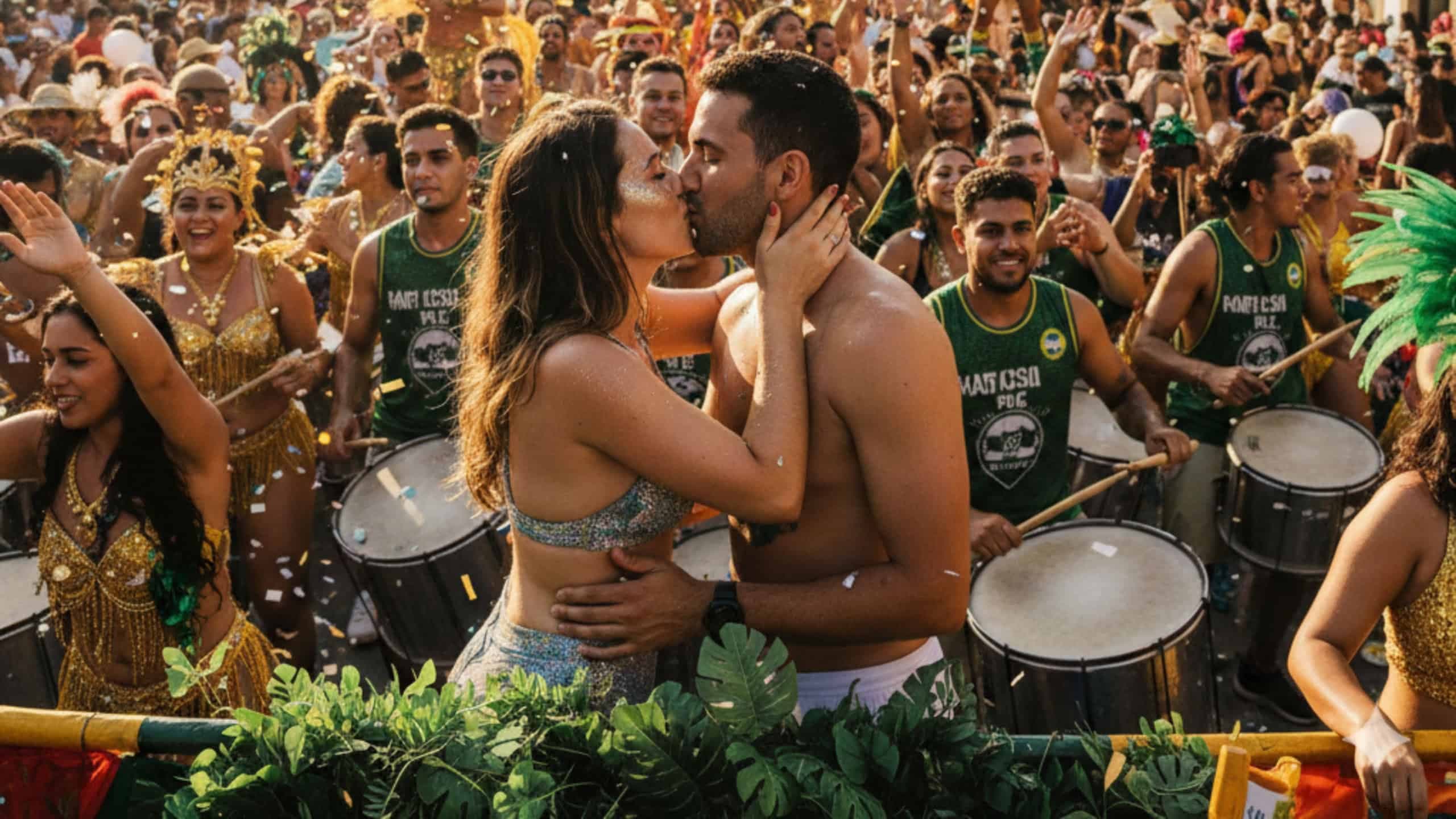 Duas pessoas se beijando na boca no meio de um bloquinho de carnaval na rua (Imagem: Gemini/Gerada por IA)