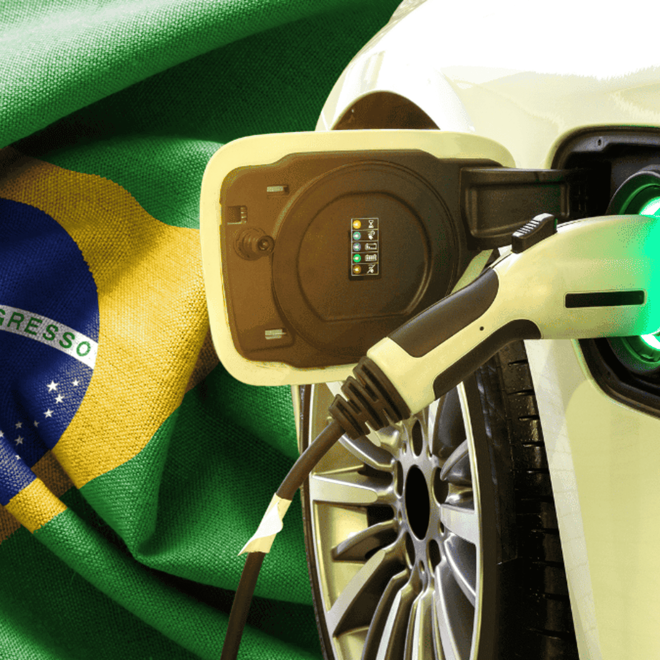 (Imagem: Shutterstock/bandeira do Brasil por AB Visual Arts e carro elétrico por Smile Fight)