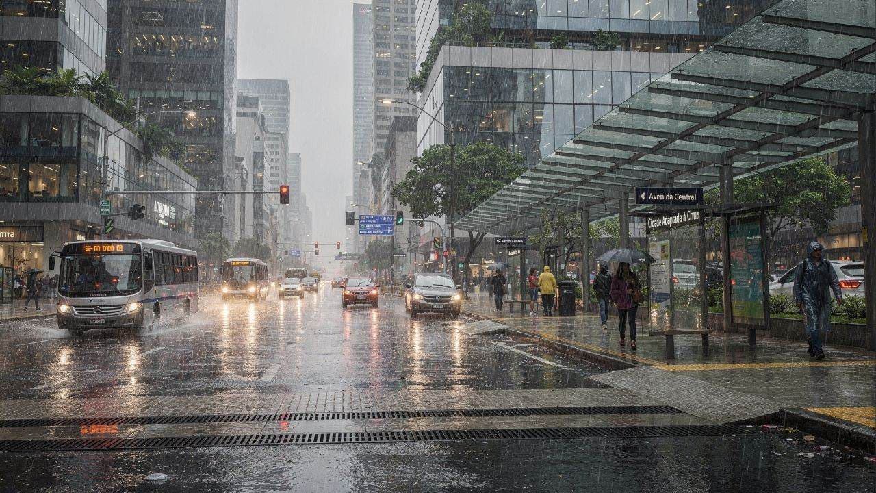 Cidades chuvosas adaptam rotina urbana com horários flexíveis e infraestrutura inteligente - Imagem criada por inteligência artificial (ChatGPT / Olhar Digital)