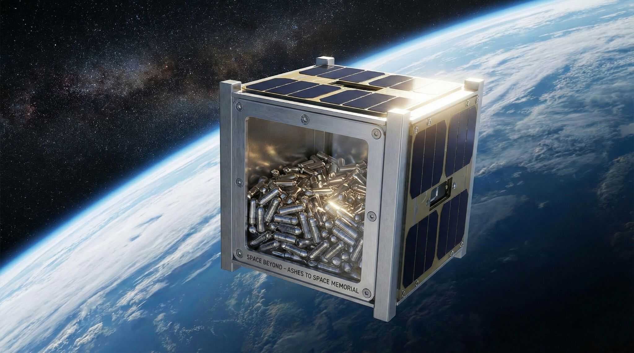 Ilustração conceitual do CubeSat que será utilizado pela startup Space Beyond. Através do painel transparente, é possível ver as cápsulas individuais que carregarão uma porção simbólica das cinzas para um último adeus na órbita da Terra. O lançamento está previsto para 2027. Imagem: Layse Ventura via Gemini / Olhar Digital