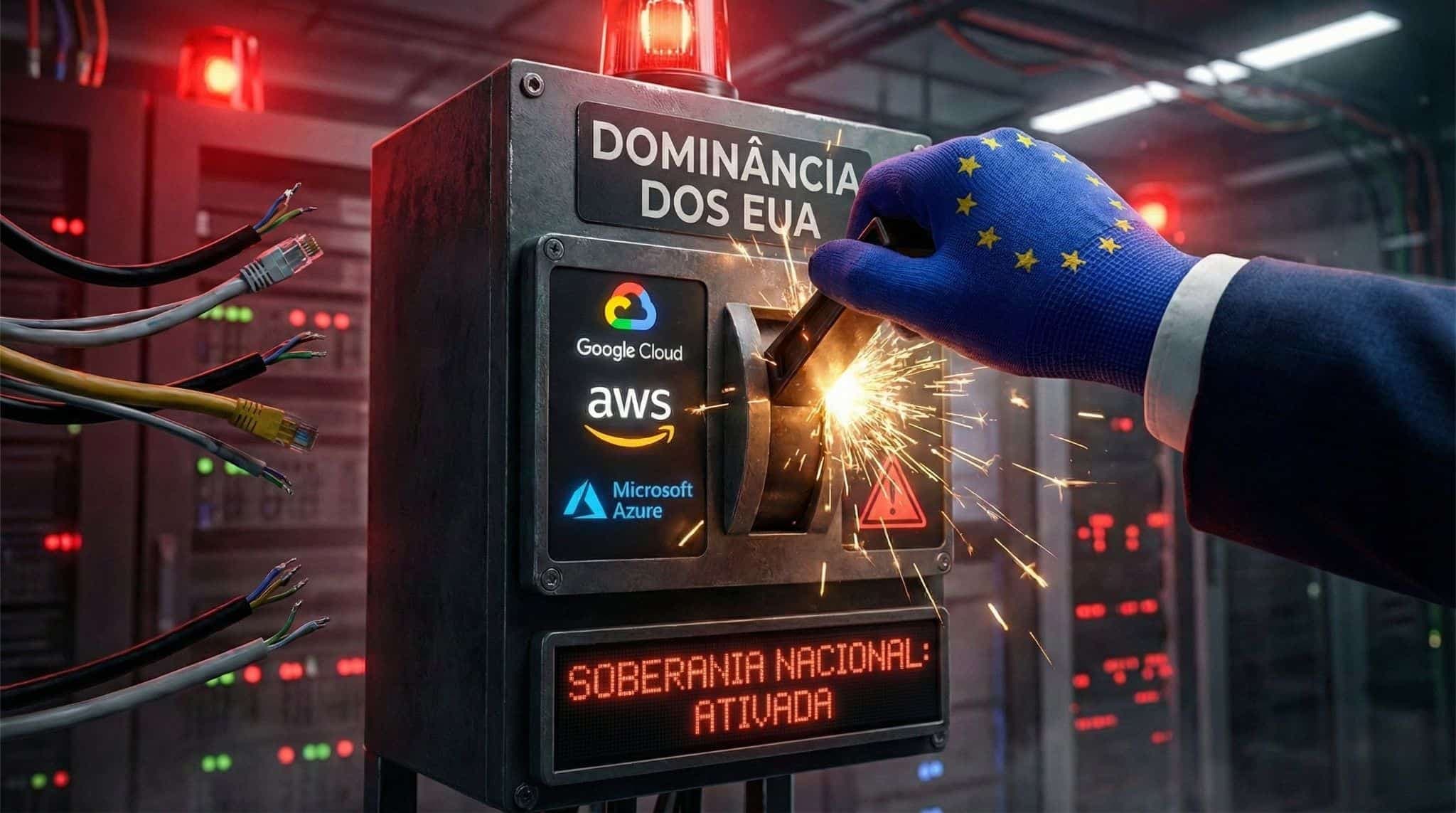 Representação ilustrativa do plano europeu: "desligar" a dependência crítica das nuvens americanas (Google, Amazon e Microsoft) para ativar a soberania digital do continente. Imagem: Layse Ventura via Gemini / Olhar Digital