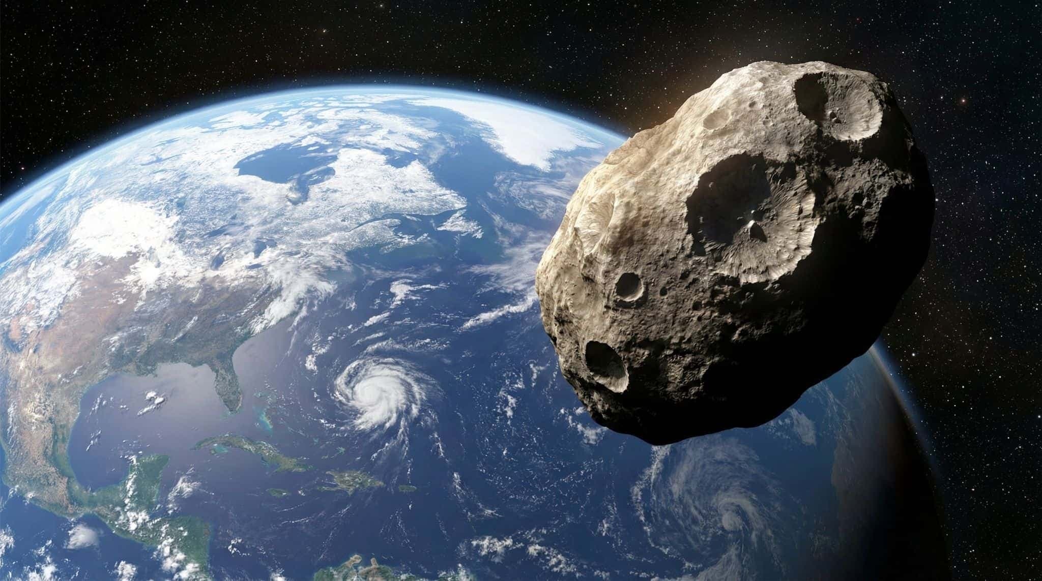 Concepção artística de um asteroide em aproximação orbital. A lista de objetos monitorados pela NASA para 2026 inclui "gigantes" de até 1,6 km, mas todos passarão a distâncias seguras do planeta. Imagem: Layse Ventura via Gemini / Olhar Digital
